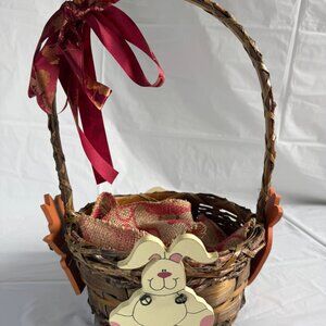 Rustic Easter Basket w/Wooden Shapes, Burgundy Bow & Spring Burlap